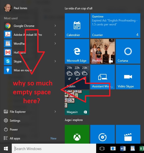 windows 10 start menu empty space