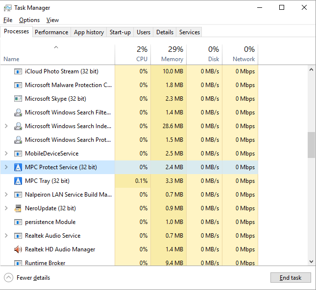 MPC Protect Service in task manager
